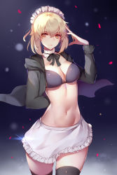 Rule 34 | 1girl, apron, arm behind back, artoria pendragon (alter swimsuit rider) (fate), artoria pendragon (alter swimsuit rider) (second ascension) (fate), artoria pendragon (fate), ban bu bu duou, bikini, bikini top only, bikini under clothes, black bikini, black jacket, black ribbon, black thighhighs, blonde hair, breasts, cleavage, closed mouth, cowboy shot, fate/grand order, fate (series), frilled apron, frills, gradient background, hand up, highres, hood, hood down, hooded jacket, jacket, large breasts, long sleeves, looking at viewer, maid headdress, navel, neck ribbon, petals, purple background, ribbon, short hair, smile, solo, standing, stomach, swimsuit, thighhighs, thighs, waist apron, white apron, yellow eyes, zettai ryouiki