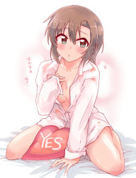 Rule 34 | :o, bed sheet, blush, borrowed clothes, breasts, brown hair, cleavage, collarbone, idolmaster, idolmaster cinderella girls, looking at viewer, medium breasts, no pants, partially unbuttoned, shirt, simple background, sitting, sleeves past wrists, tada riina, tong (freedom2000), wariza, white shirt, yes, yes-no pillow