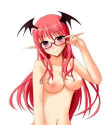 Rule 34 | 1girl, bat wings, bespectacled, breasts, glasses, head wings, koakuma, large breasts, long hair, looking at viewer, navel, nipples, nude, pointy ears, red-framed eyewear, red eyes, red hair, simple background, smile, solo, touhou, white background, wings, yumi (careca398)