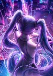 Rule 34 | 1girl, black sleeves, blue hair, blurry, blurry background, city, detached sleeves, floating hair, from above, from behind, grey shirt, hatsune miku, hikeru (hikerumin), long hair, long sleeves, shirt, sleeveless, sleeveless shirt, solo, standing, twintails, very long hair, vocaloid