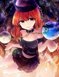 Rule 34 | 1girl, bare shoulders, chain, clothes writing, collar, earth (ornament), embers, fire, hat, hecatia lapislazuli, highres, itsumizu, long hair, miniskirt, moon (ornament), off-shoulder shirt, off shoulder, red eyes, red hair, shirt, skirt, smile, solo, t-shirt, touhou