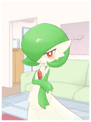 Rule 34 | 1girl, apron, artist name, bandaid, bandaid on hand, blurry, blurry background, bob cut, border, clothed pokemon, colored skin, creatures (company), female focus, flat chest, frilled apron, frills, game freak, gardevoir, gen 3 pokemon, green hair, green skin, hair over one eye, half-closed eyes, happy, highres, holding own arm, indoors, kuro hanashi mi, living room, looking at viewer, maid apron, multicolored skin, nintendo, open mouth, pokemon, pokemon (creature), red eyes, short hair, signature, smile, solo, standing, twitter username, two-tone skin, white apron, white border, white skin