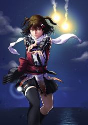 Rule 34 | 1girl, asymmetrical legwear, black gloves, black skirt, black socks, brown eyes, brown hair, buttons, cloud, commentary, double-breasted, elbow gloves, feet out of frame, fingerless gloves, gauntlets, gloves, highres, horizon, kantai collection, kneehighs, night, night sky, ocean, outdoors, pleated skirt, scarf, school uniform, searchlight, sendai (kancolle), sendai kai ni (kancolle), serafuku, single kneehigh, single sock, single thighhigh, skirt, sky, socks, solo, standing, symbol-only commentary, thighhighs, torpedo launcher, two side up, uneven legwear, white scarf, yoshizawa tamae