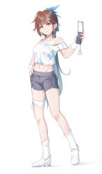 Rule 34 | 1girl, absurdres, bandaged leg, bandages, bare shoulders, boots, breasts, brown eyes, brown hair, caisena, cellphone, crop top, full body, grey shorts, hair ornament, hairclip, highres, holding, holding phone, honkai (series), honkai impact 3rd, li sushang, looking at viewer, medium breasts, midriff, navel, off-shoulder shirt, off shoulder, phone, shirt, short hair, short shorts, short sleeves, shorts, simple background, smartphone, smile, solo, standing, stomach, thighs, white background, white footwear, white shirt