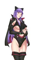 Rule 34 | 1girl, blush, breasts, cape, closed game, cocona stemper, cowboy shot, fingerless gloves, gloves, hair ribbon, huge breasts, long hair, looking at viewer, no bra, purple hair, red eyes, ribbon, sei shoujo, sideboob, smile, solo, thighhighs, transparent background