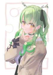 Rule 34 | 1girl, absurdres, antlers, besi (besidoesart), brown cardigan, cardigan, ceres fauna, ceres fauna (jirai kei), cheek poking, choker, earrings, flower, green hair, hair flower, hair ornament, highres, hololive, hololive english, horns, jewelry, long hair, looking at viewer, mole, mole under eye, one side up, poking, shirt, solo, virtual youtuber, white shirt, yellow eyes