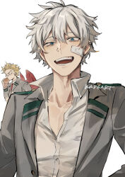 Rule 34 | 2boys, :d, artist name, bandaid, bandaid on cheek, bandaid on face, blonde hair, blue eyes, boku no hero academia, buttons, collarbone, collared shirt, commentary request, ear piercing, feathered wings, food, grey jacket, hair between eyes, hand up, hawks (boku no hero academia), holding, holding food, jacket, kadeart, lapels, long sleeves, looking at viewer, male focus, multiple boys, necktie, open clothes, open jacket, open mouth, partially unbuttoned, piercing, red necktie, red wings, round teeth, school uniform, shirt, short hair, signature, simple background, smile, teeth, thai commentary, todoroki touya, tongue, u.a. school uniform, upper body, v-shaped eyebrows, white background, white hair, white shirt, wing collar, wings