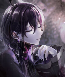 Rule 34 | 1boy, ahoge, ayase mayoi, black jacket, black nails, braid, earrings, ensemble stars!, facing to the side, gothic lolita, highres, jacket, jewelry, lolita fashion, long hair, long sleeves, male focus, open mouth, parted lips, podo mayo, purple hair, ring, solo