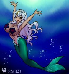 Rule 34 | 1girl, arms up, blonde hair, breasts, green tail, grey hair, highres, large breasts, long hair, mermaid, monster girl, multicolored hair, park dona, solo, southhot, starfish, two-tone hair, underwater, virtual youtuber