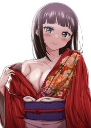 Rule 34 | 1girl, absurdres, aqua eyes, bare shoulders, birthday, breasts, brown hair, cleavage, highres, japanese clothes, kimono, kurosawa dia, long hair, looking at viewer, love live!, love live! sunshine!!, medium breasts, rinon, simple background, solo