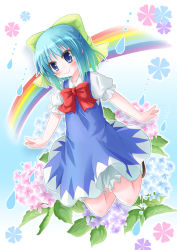 Rule 34 | 1girl, bad id, bad pixiv id, bloomers, blue eyes, blue hair, blush, bow, bowtie, cirno, frills, gathers, happy, kawai kei (artist), kneeling, large bow, matching hair/eyes, outstretched arms, rainbow, ribbon, short hair, smile, solo, spread arms, touhou, underwear