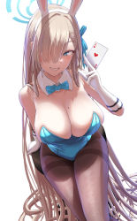 Rule 34 | 1girl, absurdly long hair, animal ears, asuna (blue archive), asuna (bunny) (blue archive), bare shoulders, blonde hair, blue archive, blue eyes, blue leotard, blue ribbon, breasts, card, cleavage, detached collar, fake animal ears, gloves, grin, hair over one eye, hair ribbon, highres, holding, holding card, large breasts, leotard, long hair, mole, mole on breast, pantyhose, playboy bunny, playing card, ribbon, silver bullet (ecc12 8), smile, solo, very long hair, white gloves