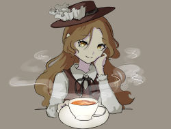 Rule 34 | 1girl, black ribbon, black tea, blonde hair, brown hat, brown vest, collared shirt, commentary request, cup, dolls in pseudo paradise, eyelashes, fedora, frilled hat, frills, gin koucha, hand on own face, hat, highres, holding, holding cup, jacket girl (dipp), long hair, long sleeves, looking at viewer, mug, ribbon, shirt, smile, tea, teacup, touhou, vest, wavy hair, white shirt, yellow eyes