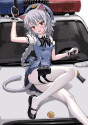 Rule 34 | 1girl, animal ears, beret, black bow, black bowtie, black footwear, blouse, blue bow, blue skirt, blue vest, blush, bow, bowtie, braid, breasts, bullet, car, cartridge, cat ears, cat tail, commentary request, fang, fkey, gloves, gun, hair bow, handgun, hat, heart, highres, holding, holding gun, holding weapon, holster, long hair, looking at viewer, mary janes, motor vehicle, on vehicle, open mouth, original, pantyhose, pistol, pleated skirt, police car, ponytail, puffy short sleeves, puffy sleeves, red eyes, shirt, shoes, short sleeves, silver hair, simple background, single braid, skirt, small breasts, solo, tail, thigh holster, thighs, very long hair, vest, weapon, white background, white gloves, white pantyhose, white shirt