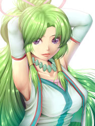 Rule 34 | 1girl, armpits, arms up, cure empress, detached sleeves, dokidoki! precure, green hair, hair tubes, harihisa, jewelry, long hair, necklace, parted lips, precure, purple eyes, shirt, solo, taut clothes, taut shirt