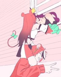Rule 34 | 1boy, 2girls, animal ears, black hair, carrying, closed eyes, genderswap, genderswap (ftm), hakos baelz, hayko, highres, hololive, hololive english, irys (hololive), kiss, long hair, meme, mouse ears, mouse tail, multicolored hair, multiple girls, open window, parted lips, piggyback, pointy ears, purple hair, red hair, samgoreng, shoulder carry, tail, teeth, v, virtual youtuber, white hair, window, yuri