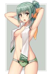 Rule 34 | 10s, 1girl, adjusting hair, armpits, arms up, bad id, bad pixiv id, blush, bow, bow panties, breasts, brown eyes, cameltoe, covered erect nipples, cowboy shot, gluteal fold, green hair, green panties, groin, highres, kantai collection, looking at viewer, medium breasts, open mouth, panties, ponytail, solo, terras, topless, towel, towel around neck, tying hair, underwear, underwear only, wet, wet hair, yuubari (kancolle)
