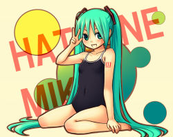 Rule 34 | 1girl, bvj, character name, competition school swimsuit, covered navel, green eyes, green hair, hatsune miku, long hair, matching hair/eyes, one-piece swimsuit, school swimsuit, sitting, solo, swimsuit, twintails, very long hair, vocaloid, wariza