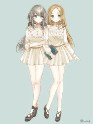 Rule 34 | 2girls, artist name, black bow, black footwear, black ribbon, blue eyes, blush, book, bow, brown hair, buttons, closed mouth, commentary, eyelashes, flower, forehead, frilled shirt, frilled shirt collar, frilled sleeves, frills, full body, grey background, grey hair, hair between eyes, hair ornament, hair ribbon, highres, holding, holding book, kompeitou (lemon garden), long hair, long sleeves, looking at viewer, low ponytail, multiple girls, original, parted bangs, pleated skirt, ponytail, ribbon, rose, shirt, shoes, siblings, sidelocks, signature, simple background, sisters, skirt, sleeves past elbows, smile, standing, tareme, white flower, white rose, white shirt, white skirt