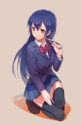 Rule 34 | 10s, 1girl, black thighhighs, blue hair, bow, brown footwear, collared shirt, holding strap, huanxiang heitu, long hair, looking to the side, love live!, love live! school idol project, on one knee, school uniform, shirt, shoes, skirt, smile, solo, sonoda umi, thighhighs, yellow eyes