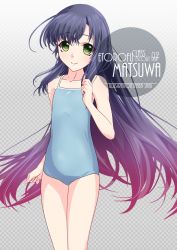 Rule 34 | 1girl, artist name, black hair, blue one-piece swimsuit, blue ribbon, blush, casual one-piece swimsuit, character name, checkered background, collarbone, cowboy shot, eyes visible through hair, flat chest, gradient background, gradient hair, green eyes, grey background, hair between eyes, hairband, highres, inaba shiki, kantai collection, logo, logo parody, long hair, looking at viewer, matsuwa (kancolle), multicolored hair, one-hour drawing challenge, one-piece swimsuit, pink hair, plaid, plaid background, ribbon, simple background, smile, solo, standing, swimsuit