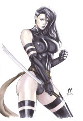 Rule 34 | 10s, 1girl, arm strap, ass, bare shoulders, black gloves, black hair, black lips, black thighhighs, breasts, chris foulkes, clenched hand, clenched hands, collarbone, covered erect nipples, cowboy shot, cropped legs, daikkenaurora, dated, detached sleeves, elbow gloves, from side, gloves, grey eyes, hair between eyes, halterneck, highleg, highleg leotard, highres, holding, holding sword, holding weapon, impossible clothes, impossible leotard, legs apart, leotard, lips, lipstick, long hair, looking at viewer, makeup, marvel, mutant, ninja, pale skin, parted lips, psylocke, reverse grip, ribs, sash, signature, simple background, skin tight, solo, superhero costume, sword, thigh strap, thighhighs, thighs, toned, traditional media, turtleneck, waist cape, wavy hair, weapon, white background, x-men
