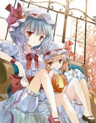 Rule 34 | 2girls, bad id, bad twitter id, blonde hair, bloomers, blue hair, bow, cierra (ra-bit), couch, cuffs, cup, dress, family, flandre scarlet, hat, hat ribbon, looking at viewer, mary janes, mob cap, multiple girls, ponytail, puffy sleeves, ra-bit, red eyes, remilia scarlet, ribbon, shoes, short hair, short sleeves, siblings, side ponytail, sisters, sitting, stuffed toy, touhou, underwear
