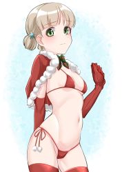 Rule 34 | 0:00, 1girl, aki (girls und panzer), bikini, blonde hair, blush, breasts, cameltoe, capelet, christmas, cleavage, closed mouth, elbow gloves, female focus, fur trim, girls und panzer, gloves, green eyes, highres, looking at viewer, micro bikini, navel, red bikini, red gloves, red thighhighs, santa bikini, short hair, side-tie bikini bottom, small breasts, smile, solo, swimsuit, thighhighs, twintails