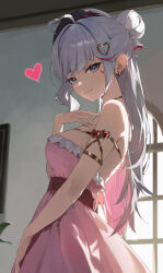 Rule 34 | 1girl, absurdres, ahoge, bare shoulders, beret, black hat, breasts, closed mouth, commentary request, commission, dress, earrings, frilled dress, frills, from side, grey eyes, grey hair, hair bun, hair intakes, hair ornament, hand up, hat, heart, heart ahoge, heart hair ornament, highres, jewelry, korean commentary, long hair, medium breasts, multicolored hair, original, pink dress, pink hair, skeb commission, smile, solo, toi1et paper, two-tone hair, very long hair, window