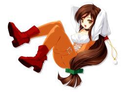 Rule 34 | 00s, 1girl, blush, boots, breast clinging, breasts, brown eyes, brown hair, cleavage, final fantasy, final fantasy ix, framed breasts, full body, garnet til alexandros xvii, half-shirt, jewelry, kinoshita ichi, latex, latex suit, long hair, low-tied long hair, medium breasts, necklace, shiny clothes, skin tight, solo, thigh strap, white background