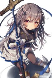Rule 34 | 1girl, absurdres, aged down, azur lane, bent over, blush, breasts, cross, ears visible through hair, eyes visible through hair, gauntlets, grey hair, hair ornament, heaven&#039;s melody, highres, long hair, looking at viewer, medium breasts, pleated skirt, polearm, red eyes, saint-louis (azur lane), sidelocks, simple background, skirt, smile, solo, spear, weapon, white background