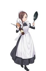 Rule 34 | 1girl, alcohol, apron, black footwear, bottle, brown hair, dorothy (princess principal), frying pan, full body, hat, highres, knife, looking at viewer, maid, maid apron, maid cap, mob cap, official art, onion, princess principal, princess principal game of mission, purple eyes, shoes, solo, standing, transparent background, victorian maid, wine bottle