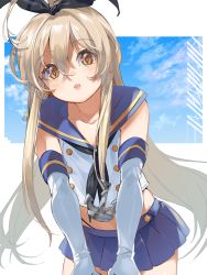 Rule 34 | :o, anchor hair ornament, bare shoulders, black neckwear, black ribbon, blonde hair, blue sailor collar, blue skirt, blue sky, blush, brown eyes, collarbone, commentary request, cowboy shot, elbow gloves, g-buri, gloves, hair between eyes, hair ornament, hair ribbon, highres, kantai collection, long hair, looking at viewer, miniskirt, parted lips, pleated skirt, ribbon, sailor collar, shimakaze (kancolle), shirt, skirt, sky, sleeveless, sleeveless shirt, solo, thong, very long hair, white gloves, white shirt