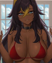 Rule 34 | 1girl, absurdres, bare shoulders, bikini, bikini top only, black hair, blonde hair, breasts, cloud, cloudy sky, collarbone, commentary, dark-skinned female, dark skin, day, dehya (genshin impact), english commentary, fingernails, genshin impact, hands up, head tilt, highres, indoors, large breasts, long hair, looking at viewer, multicolored hair, nail polish, parted lips, red bikini, simple background, sky, smile, swimsuit, two-tone hair, upper body, window, zaphn