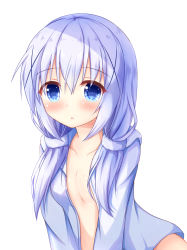 Rule 34 | 1girl, :o, absurdres, bad id, bad pixiv id, blue eyes, blue hair, blue jacket, blush, breasts, cleavage, collarbone, commentary request, gochuumon wa usagi desu ka?, hair between eyes, hair ornament, hair over breasts, has bad revision, has downscaled revision, highres, hood, hooded jacket, jacket, kafuu chino, kedama (kedama akaza), long hair, looking at viewer, low twintails, md5 mismatch, open clothes, open jacket, parted lips, resolution mismatch, simple background, small breasts, solo, source smaller, twintails, white background, x hair ornament