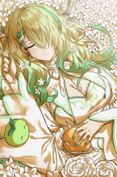 1girl braid breasts ceres_fauna cleavage closed_eyes closed_mouth day earrings field flower flower_field gradient_hair green_hair green_nails hair_flower hair_ornament haraya_manawari highres hololive hololive_english jewelry large_breasts long_hair lying mole mole_under_eye multicolored_hair on_back outdoors ribbon sapling_(ceres_fauna) solo virtual_youtuber white_ribbon