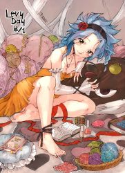 Rule 34 | 1girl, barefoot, black ribbon, blue hair, blush, book, breasts, brown eyes, character name, character pillow, cleavage, collarbone, detached sleeves, dress, fairy tail, flower, hair flower, hair ornament, headband, jewelry, levy mcgarden, long hair, medium breasts, nail polish, naked ribbon, necklace, open book, orange dress, pantherlily, pink nails, red flower, red ribbon, ribbon, rusky, short dress, signature, sitting, sleeveless, sleeveless dress, smile, solo