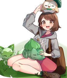 Rule 34 | 1girl, :d, absurdres, backpack, bag, blush, bob cut, boots, brown bag, brown eyes, brown footwear, brown hair, bulbasaur, buttons, cable knit, cardigan, clothed pokemon, collared dress, commentary request, creatures (company), dress, game freak, gen 1 pokemon, gen 7 pokemon, gloria (pokemon), grass, green headwear, green socks, grey cardigan, hat, highres, hooded cardigan, nintendo, on head, on lap, open mouth, pink dress, plaid socks, pokemon, pokemon (creature), pokemon on head, pokemon on lap, pokemon swsh, rowlet, short hair, sitting, smile, socks, sprigatito, tam o&#039; shanter, teeth, tongue, upper teeth only, ziro (zirorong)
