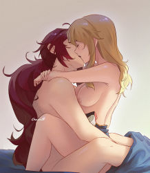 Rule 34 | 1boy, 1girl, arms around neck, bed sheet, blonde hair, blush, breasts, chocorut, closed eyes, diluc (genshin impact), french kiss, from side, genshin impact, girl on top, grey background, hetero, highres, implied sex, jean (genshin impact), kiss, long hair, medium breasts, nipples, nude, red hair, straight hair, under covers, very long hair