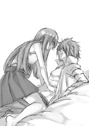 Rule 34 | 1boy, 1girl, blouse, couple, erza scarlet, eye contact, fairy tail, girl on top, greyscale, hetero, jellal fernandes, long hair, looking at another, mashima hiro, monochrome, open clothes, open shirt, shirt, sketch, smile