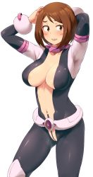 Rule 34 | 1girl, areola slip, armpits, arms behind head, arms up, belt, black bodysuit, blush, blush stickers, bodysuit, boku no hero academia, breasts, brown eyes, brown hair, center opening, cleavage, collar, collarbone, commentary request, cowboy shot, gluteal fold, groin, highres, knee pads, large breasts, legs apart, minakami (flyingman555), navel, revealing clothes, school uniform, shiny clothes, shiny skin, short hair, sidelocks, simple background, smile, solo, standing, stomach, sweat, tape, tape on pussy, teeth, u.a. school uniform, upper teeth only, uraraka ochako, white background, wrist cuffs