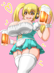 Rule 34 | 1girl, alcohol, beer, blonde hair, blush, breasts, brown eyes, cleavage, dress, headphones, highres, huge breasts, long hair, looking at viewer, nitroplus, open mouth, plump, smile, solo, standing, super pochaco, thick thighs, thighhighs, thighs, twintails