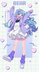Rule 34 | 1girl, arms up, black shirt, blue footwear, blue hair, commentary, dated, dress, english text, fang, full body, hair ornament, hairclip, heart, heart hair ornament, highres, jacket, long hair, long sleeves, looking at viewer, loose socks, neki (wakiko), open clothes, open jacket, open mouth, original, polka dot, puffy long sleeves, puffy sleeves, purple eyes, purple jacket, purple socks, shirt, shoes, sleeves past wrists, socks, solo, stuffed animal, stuffed toy, teddy bear, twitter username, very long hair, white dress