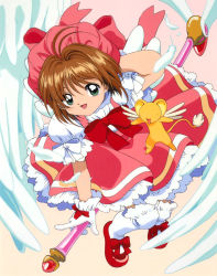 Rule 34 | 1990s (style), 1girl, absurdres, antenna hair, brown hair, cardcaptor sakura, child, clamp, feathers, fuuin no tsue, glove bow, gloves, green eyes, hat, highres, kero (cardcaptor sakura), kinomoto sakura, magical girl, official art, open mouth, pink hat, retro artstyle, short hair, simple background, solo, staff, thighhighs, white gloves, white thighhighs
