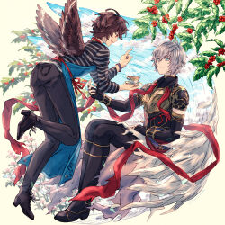 2boys ahoge apron armor berry blue_eyes blue_sky boots breastplate brown_hair brown_wings cape cloud cloudy_sky coffee cup denim feathered_wings fingerless_gloves flying from_side gloves granblue_fantasy hair_between_eyes high_heel_boots high_heels highres holding holding_cup holly invisible_chair jeans leg_up looking_at_another lucifer_(shingeki_no_bahamut) male_focus messy_hair mini_wings multiple_boys pants profile red_eyes sandalphon_(granblue_fantasy) sandalphon_(server_of_a_sublime_brew)_(granblue_fantasy) shirt short_hair shoulder_armor sitting sky smile striped_clothes striped_shirt sumi_noth tray turtleneck white_hair wings yaoi