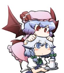 Rule 34 | 2girls, apron, bad id, bad pixiv id, blue eyes, blue hair, blush stickers, bow, braid, chibi, cup, dress, female focus, hair bow, hat, hat bow, izayoi sakuya, multiple girls, nura (oaaaaaa), on head, person on head, red eyes, remilia scarlet, smile, teacup, touhou, transparent background, wings