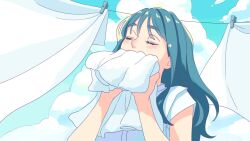 Rule 34 | 1girl, blue hair, blue sky, blush, closed eyes, clothesline, cloud, cloudy sky, day, green sky, hands up, holding, laundry, long hair, original, outdoors, shirt, short sleeves, sky, smelling, smelling clothes, solo, tamiura 0422, upper body, white shirt