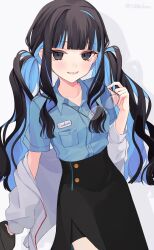 Rule 34 | 1388chan, 1girl, black hair, blue hair, blue shirt, colored inner hair, fate/grand order, fate (series), glasses, grey eyes, hat, highres, jacket, looking at viewer, multicolored hair, round eyewear, shirt, skirt, smile, solo, tenochtitlan (fate), twintails, white background