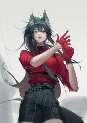 Rule 34 | 1girl, absurdres, animal ears, arknights, black hair, black necktie, black shorts, black wristband, dated, ear piercing, gloves, grey background, high-waist shorts, highres, kurikabacha, lips, looking at viewer, necktie, official alternate costume, piercing, red eyes, red gloves, red shirt, shirt, shorts, solo, tail, texas (arknights), texas (willpower) (arknights), wolf ears, wolf girl, wolf tail