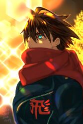 Rule 34 | 1boy, adapted costume, blue eyes, blurry, bokeh, brown hair, dated, depth of field, hair between eyes, highres, leo tail, looking up, male focus, parted lips, red scarf, scarf, short hair, solo, strider (video game), strider hiryuu, twitter username, upper body